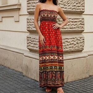 Angie Strapless Maxi Dress Women‎ Medium Red Boho Paisley Gypsy Festival Beach